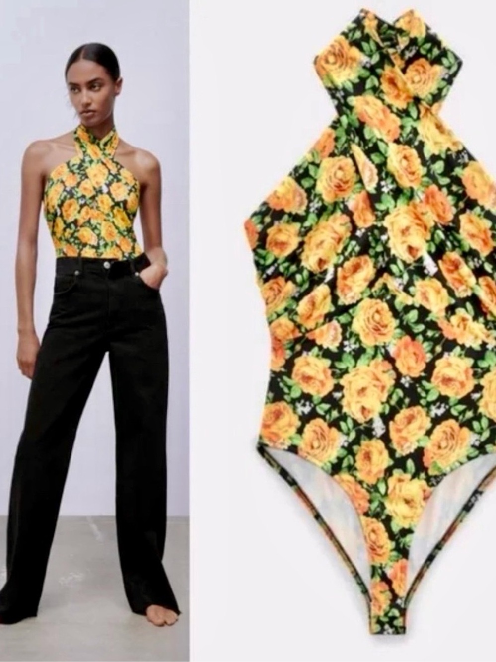 Floral Halter-Neck Bodysuit in Yellow Rose Print